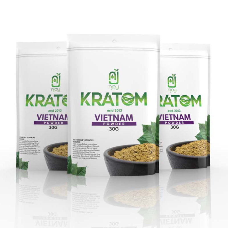 NJOY KRATOM 30GM POWDER BAG - VIETNAM, WHITE MAENG DA, YELLOW BORNEO Blend