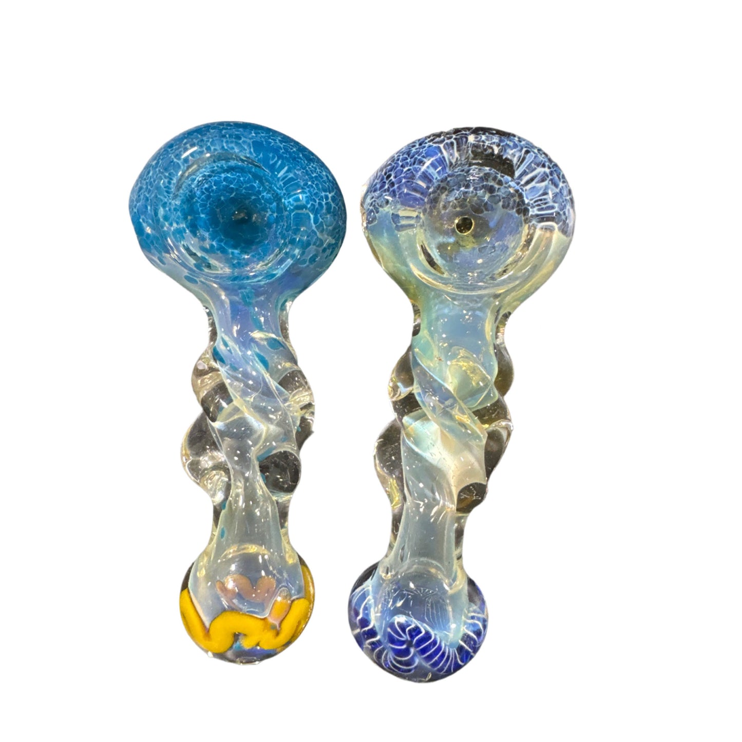 Hand Pipe - Import - Flat 3.8" Twisted Clear Glass Hand Pipe with Blue Accents 5ct