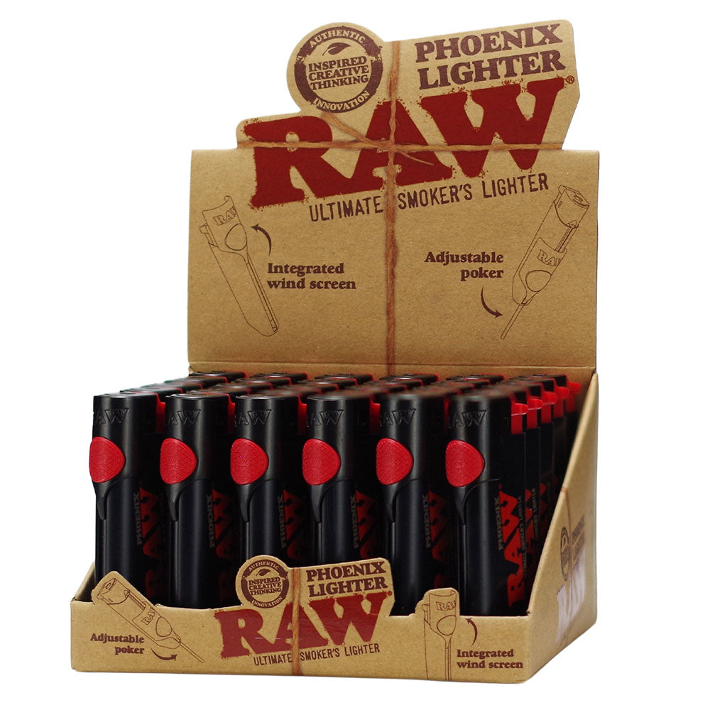 Raw Phoenix Lighters w/ Wind Blocker & Toker Poker - Black - 30ct