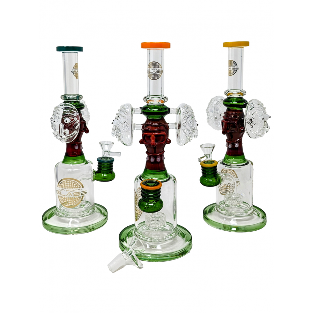 On Point Glass Assorted Triple Spooky Face Matrix Perc Water Pipe 12"