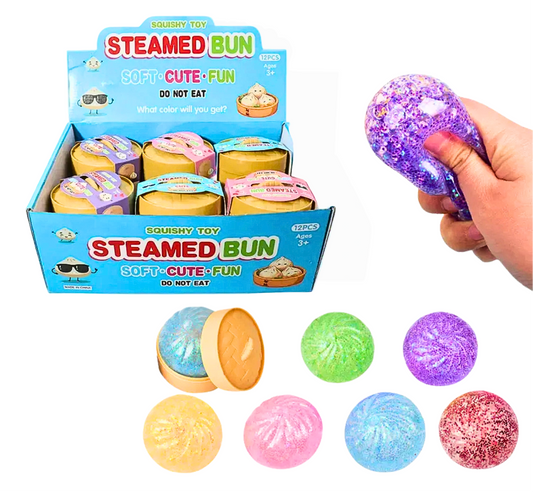 Steamed Bun Squishy Toy - Cute Steamed Dumpling w/ Glitter No Face - 12ct