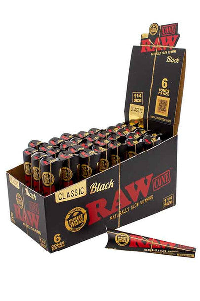 Raw Classic Black 1 1/4 Size Cones - 6pk 32ct