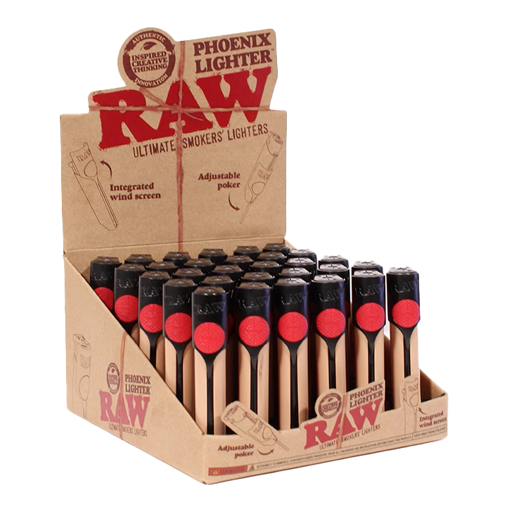 Raw Phoenix Lighters w/ Wind Blocker & Toker Poker - Black - 30ct