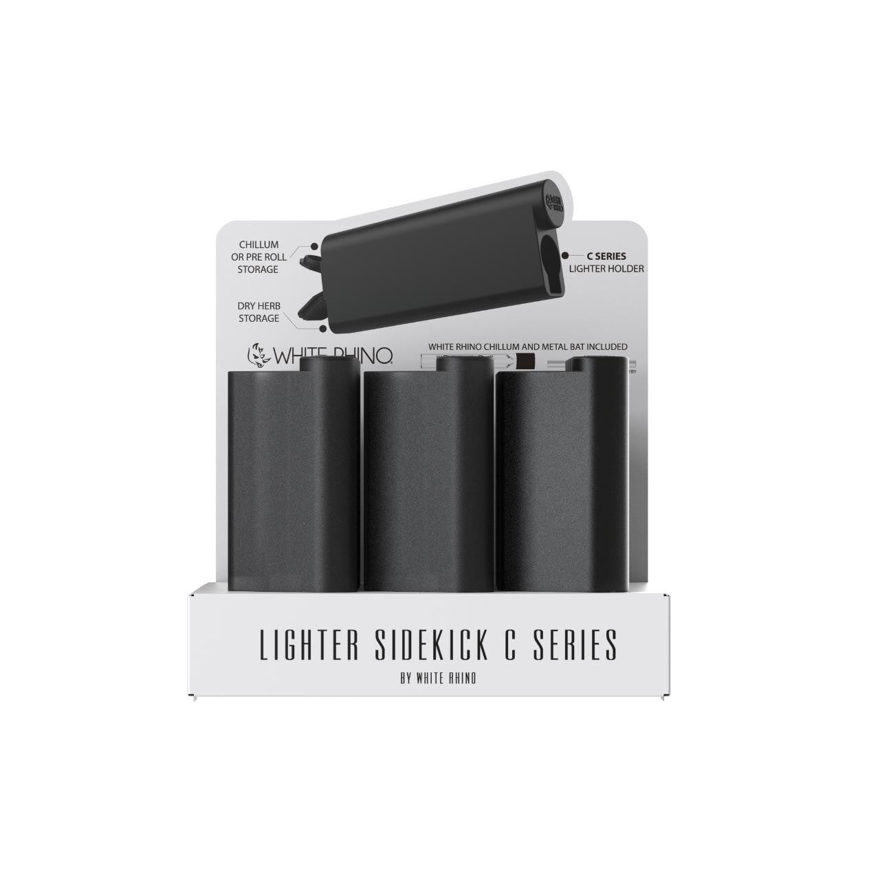 White Rhino - Lighter Sidekick with Chillum & One Hitter - 12ct - C Series Solid Black