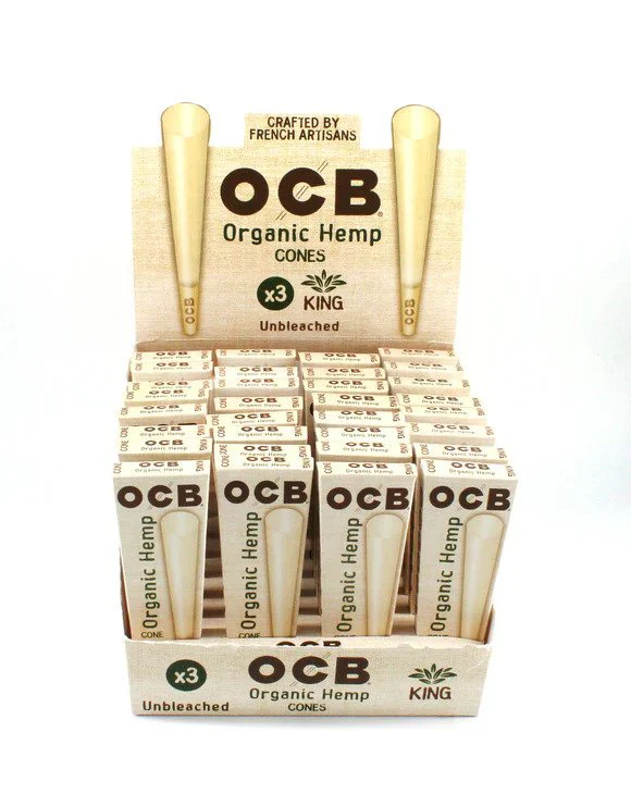 OCB - Cones -  Unbleached Organic Hemp King Size 3pk - 32ct Display